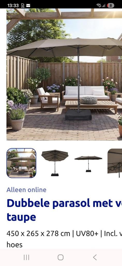 Dubbele parasol taupe 450x265 cm UV80+, Ophalen of Verzenden, Nieuw, Zweefparasol