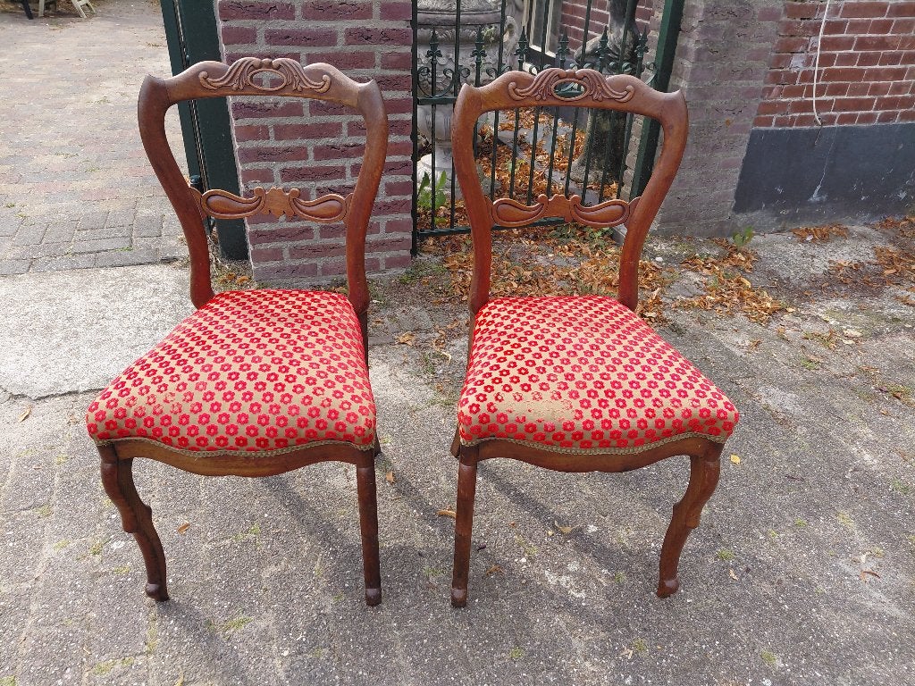 2 Biedermeier mahonie oorstoelen, rode gebloemde zitting., Antiek en Kunst, Ophalen