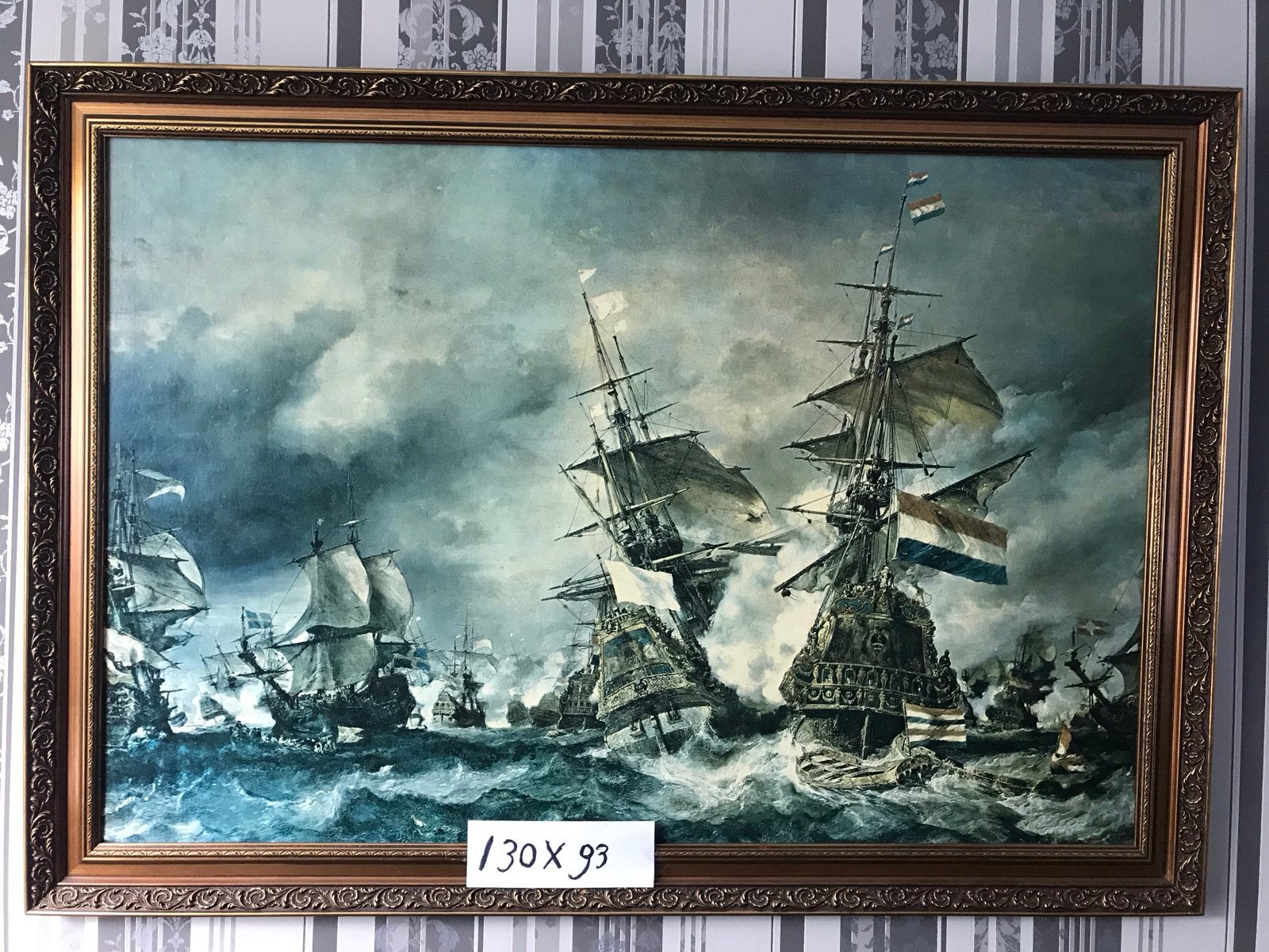 Indrukwekkend Zeeslag Schilderij - 130x93 cm, Antiek en Kunst, Ophalen, Maritiem / water, Doek, Olieverf