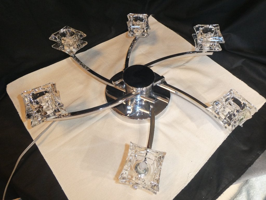 Plafondlamp met 6 armen en glazen kapjes, Zilver, Gebruikt, Inclusief lichtbron, Vintage