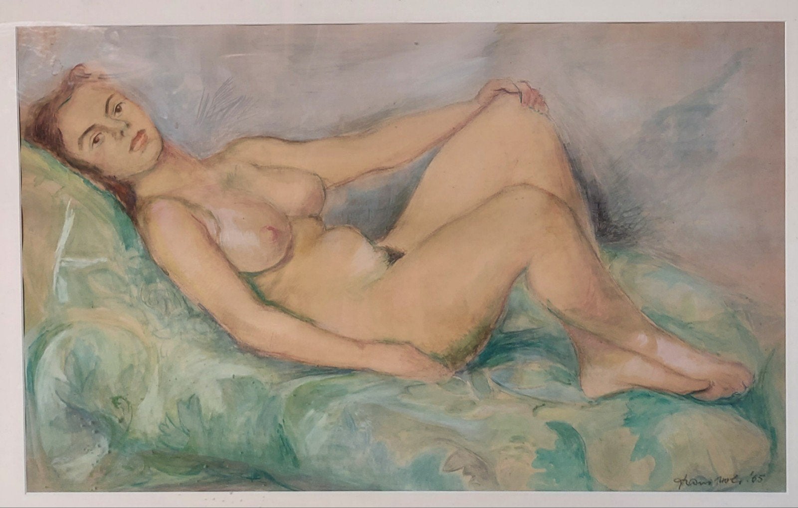Liggend naakt - Frans Nols - Aquarel met passe-partout, Ophalen, Figuren, Papier/karton, Ingelijst
