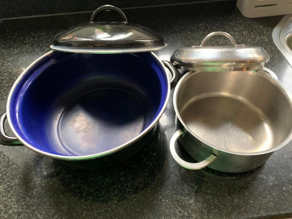Pannenset: 2 Gebruikte Kookpannen met Deksel, Ophalen of Verzenden, Gebruikt, Rvs, Pannenset