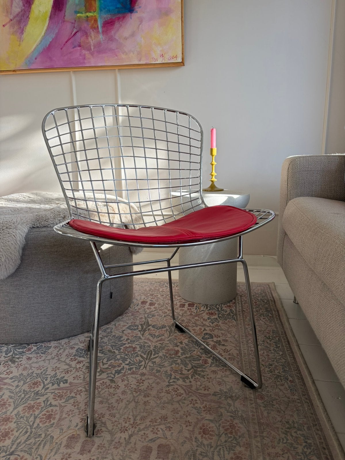 Bertoia stijl draad stoel replica – chroom met rood kussen, Ophalen, Zo goed als nieuw, Metaal, Eén