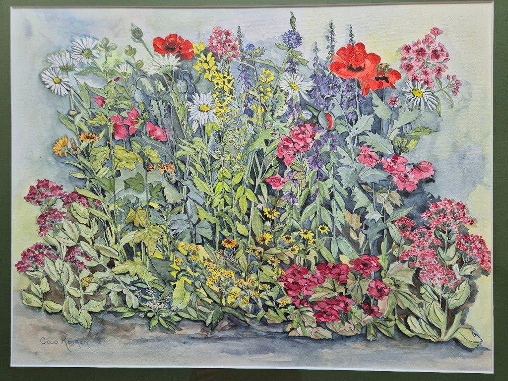 Prachtige aquarel Coco Kooren veldbloemen 77x63,5cm, Ophalen, Oorspronkelijke maker, Zo goed als nieuw, Schilderij