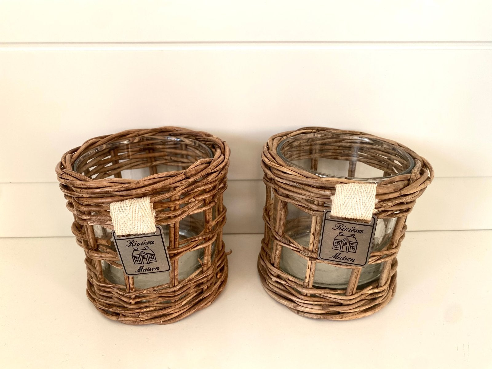 Riviera Maison theelichthouders rotan , rattan set van 2, Ophalen of Verzenden, Natuurlijk materiaal, Bruin, Landelijk