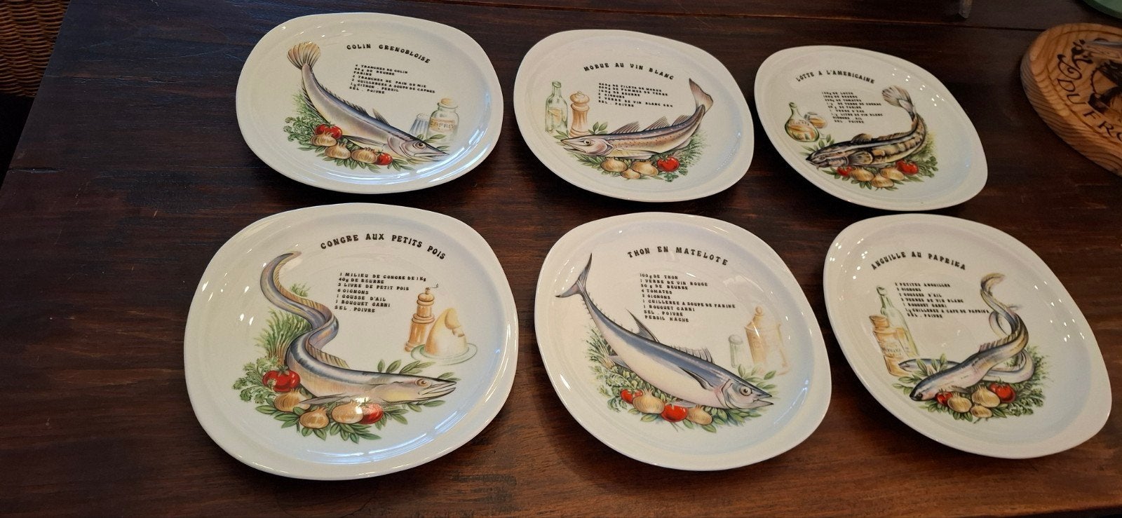 Set van 7 Vintage Porseleinen Visserviesborden - Frankrijk, Ophalen of Verzenden