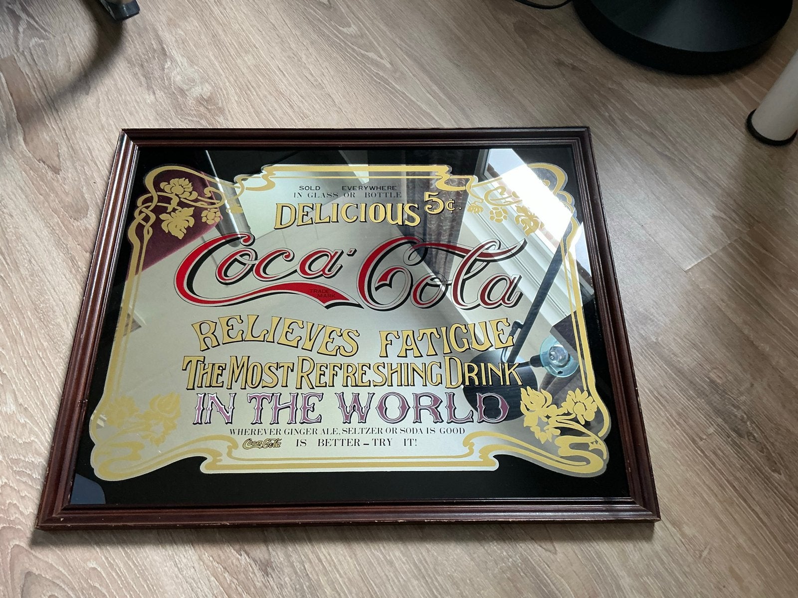 Vintage Coca-Cola spiegel - 'Delicious 5c' reclame, Ophalen, Rechthoekig, 50 tot 100 cm, Minder dan 100 cm