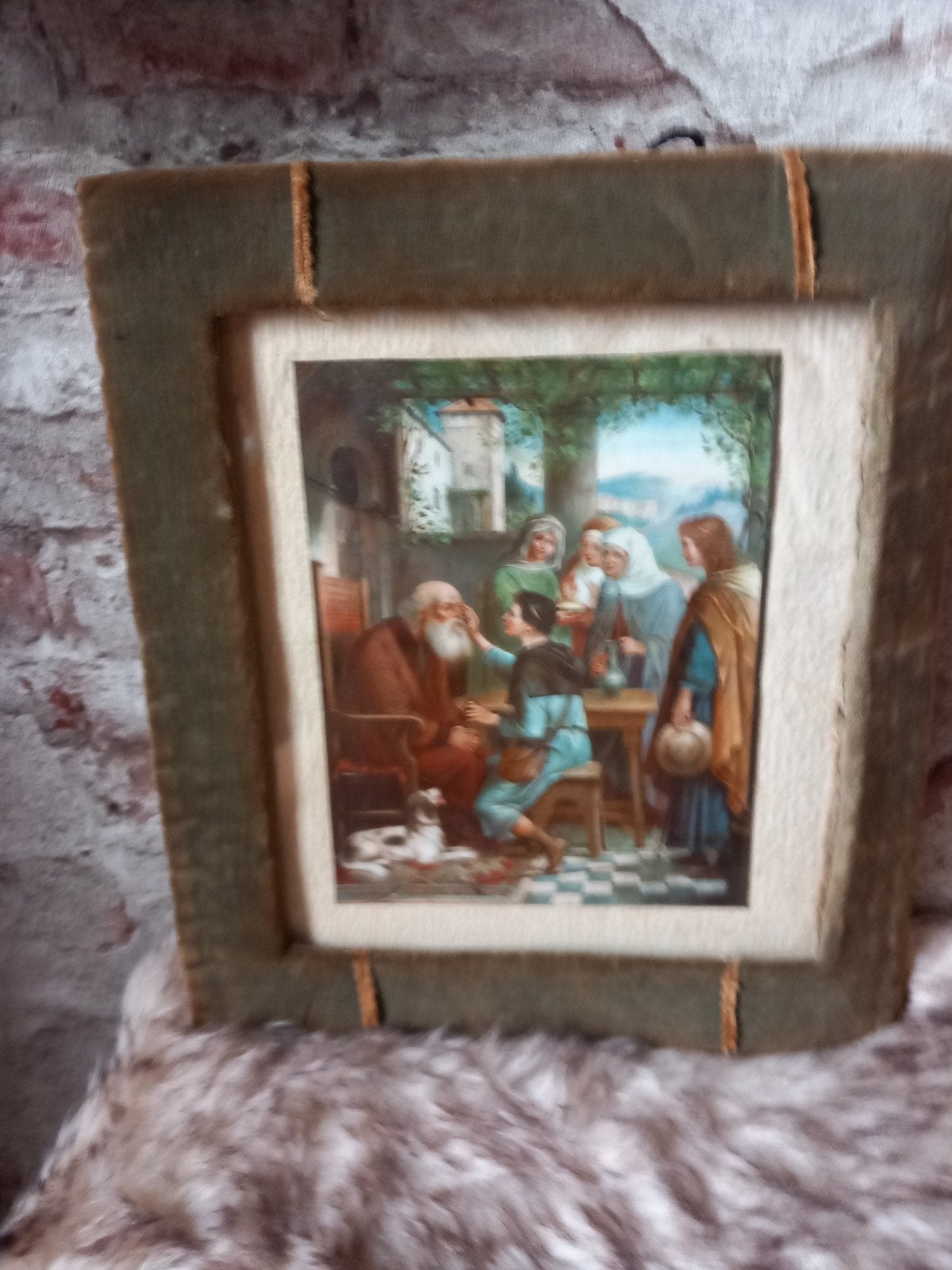 Antieke religieuze prent in fluwelen lijst, Ophalen of Verzenden