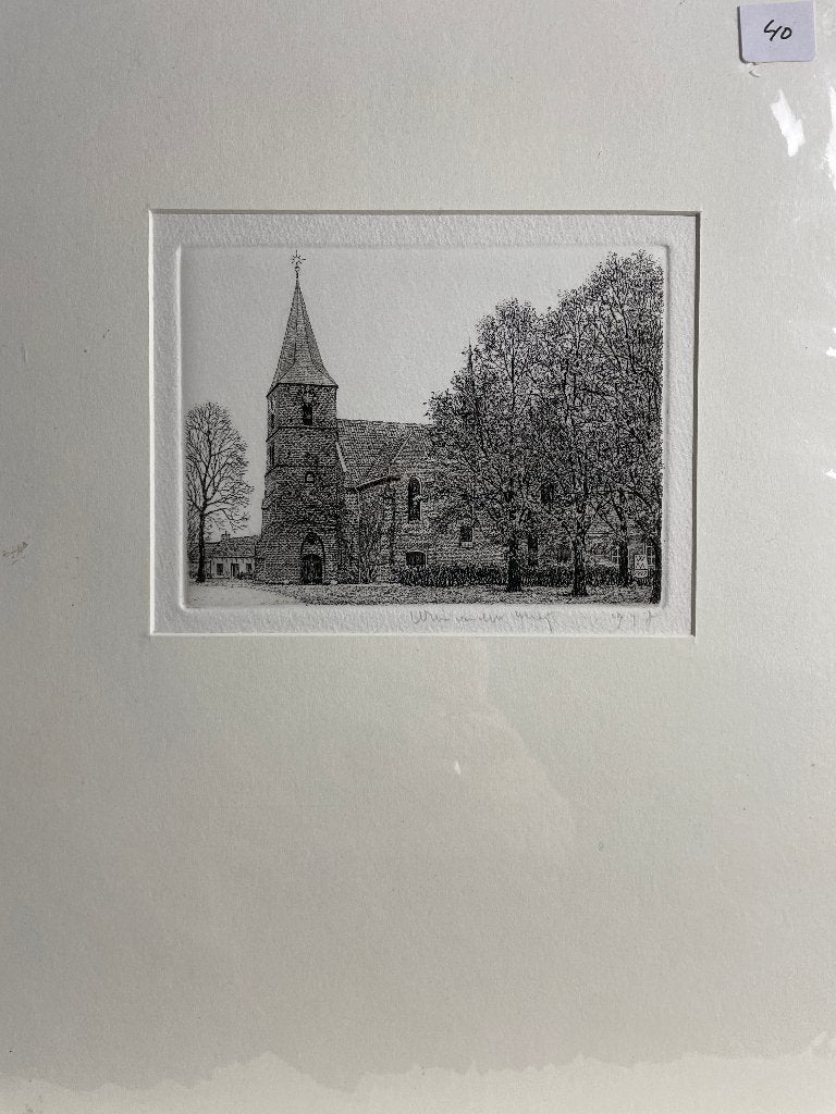 Wim van der Meij 1997 - ets Dorpskerk, Ets, Stadsgezicht, Gesigneerd, Ophalen of Verzenden