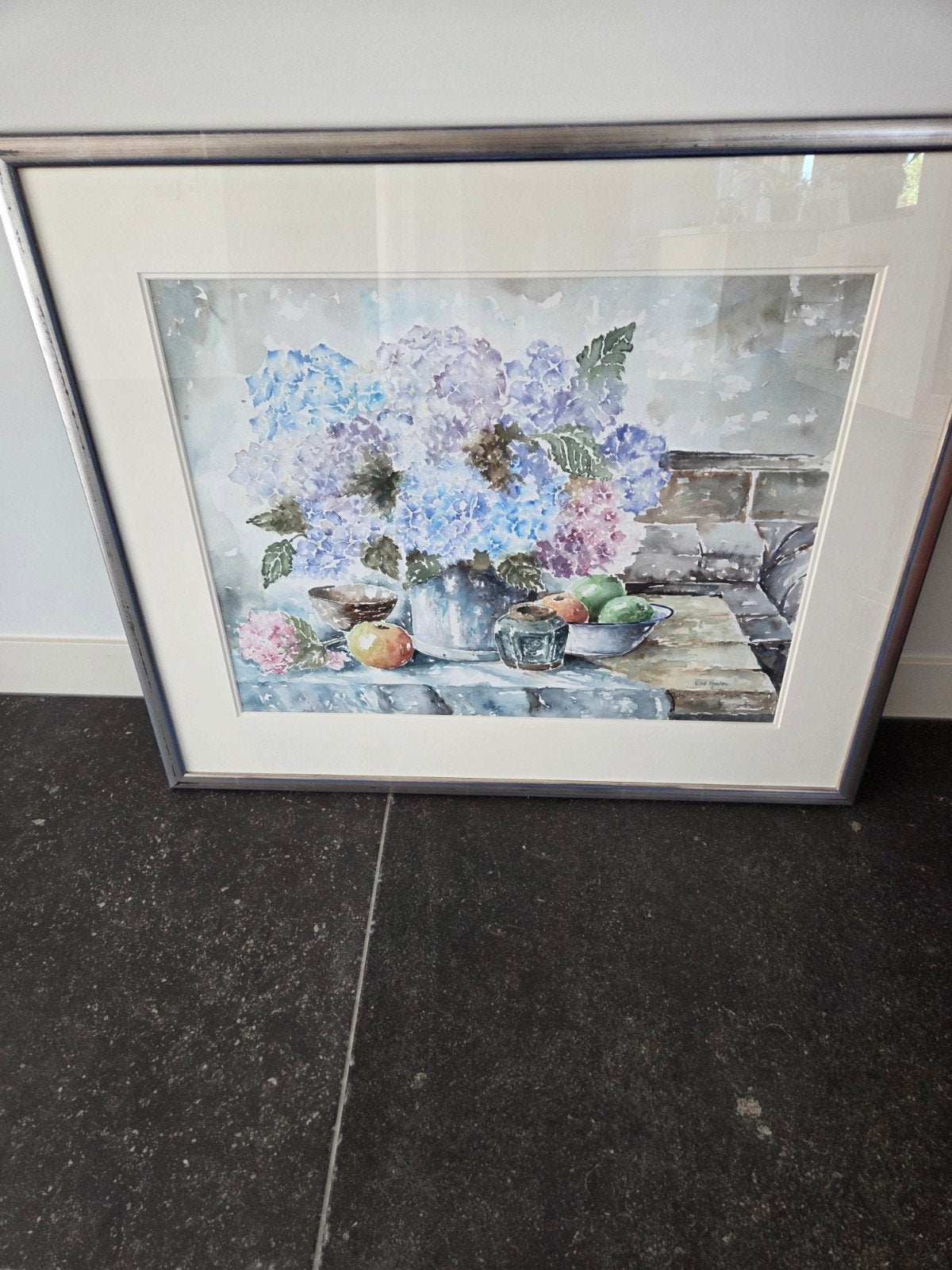 Aquarel Ludo Hoeven - Stilleven met hortensia's en fruit, Antiek en Kunst, Kunst | Schilderijen | Klassiek, Ophalen of Verzenden