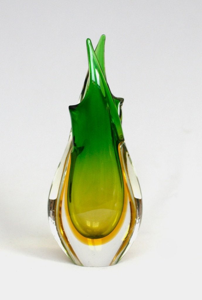 Murano Sommerso Groen / Gele puntvaas jaren ''70, Ophalen of Verzenden, Huis en Inrichting