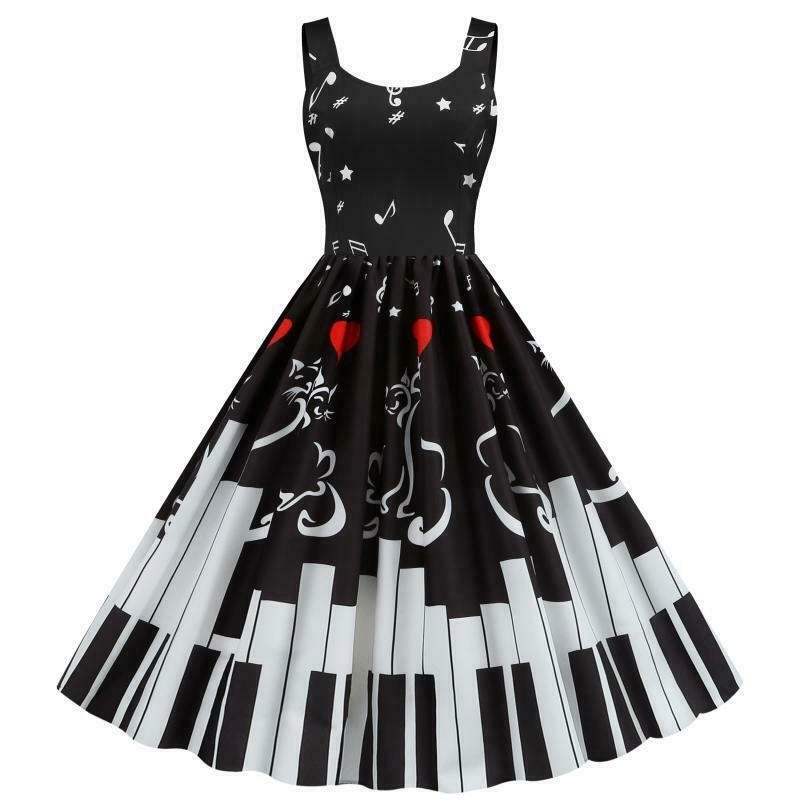 Vintage piano jurkje (zomer lente zwart wit party retro), Maat 38/40 (M), Nieuw, Knielengte, Meerkleurig