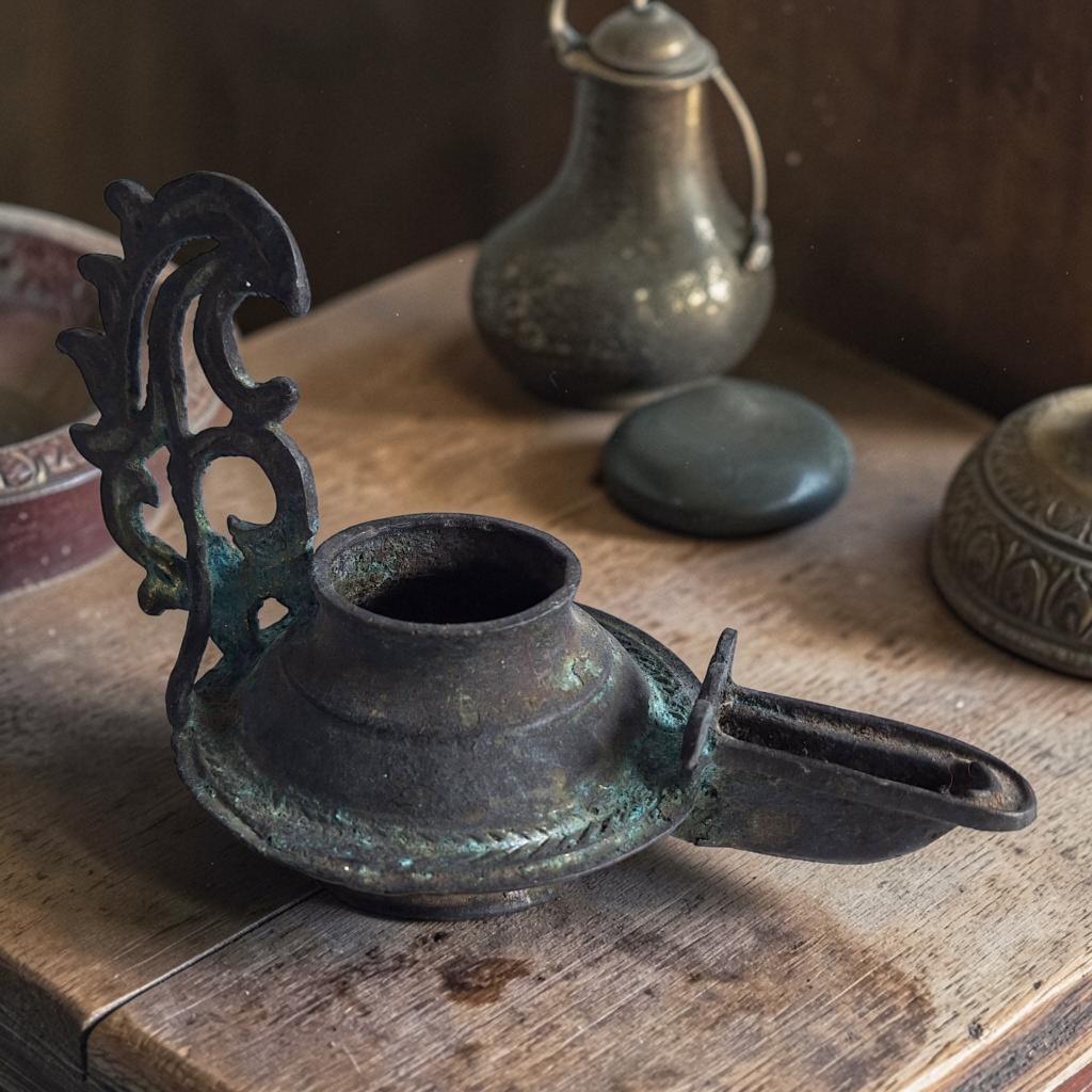 Bronskleurige Olielamp Romeinse Stijl met Patina, Antiek en Kunst, Ophalen of Verzenden, Brons