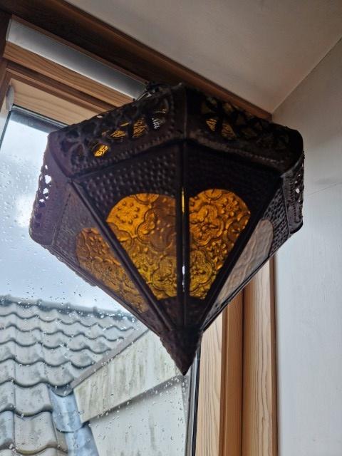 Oriëntaalse 'hanglamp met geel glas, Ophalen, Gebruikt, Glas, Orientaals