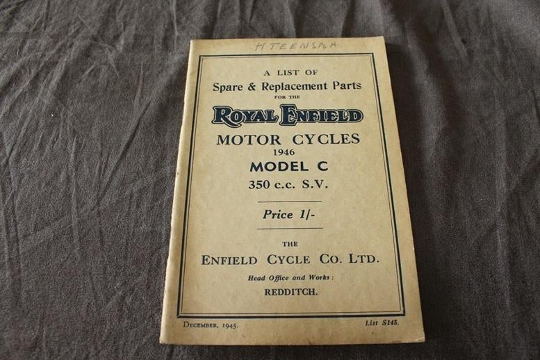 Royal Enfield 350cc SV  model C 1946 motorcycle  parts list, Ophalen of Verzenden, Overige merken