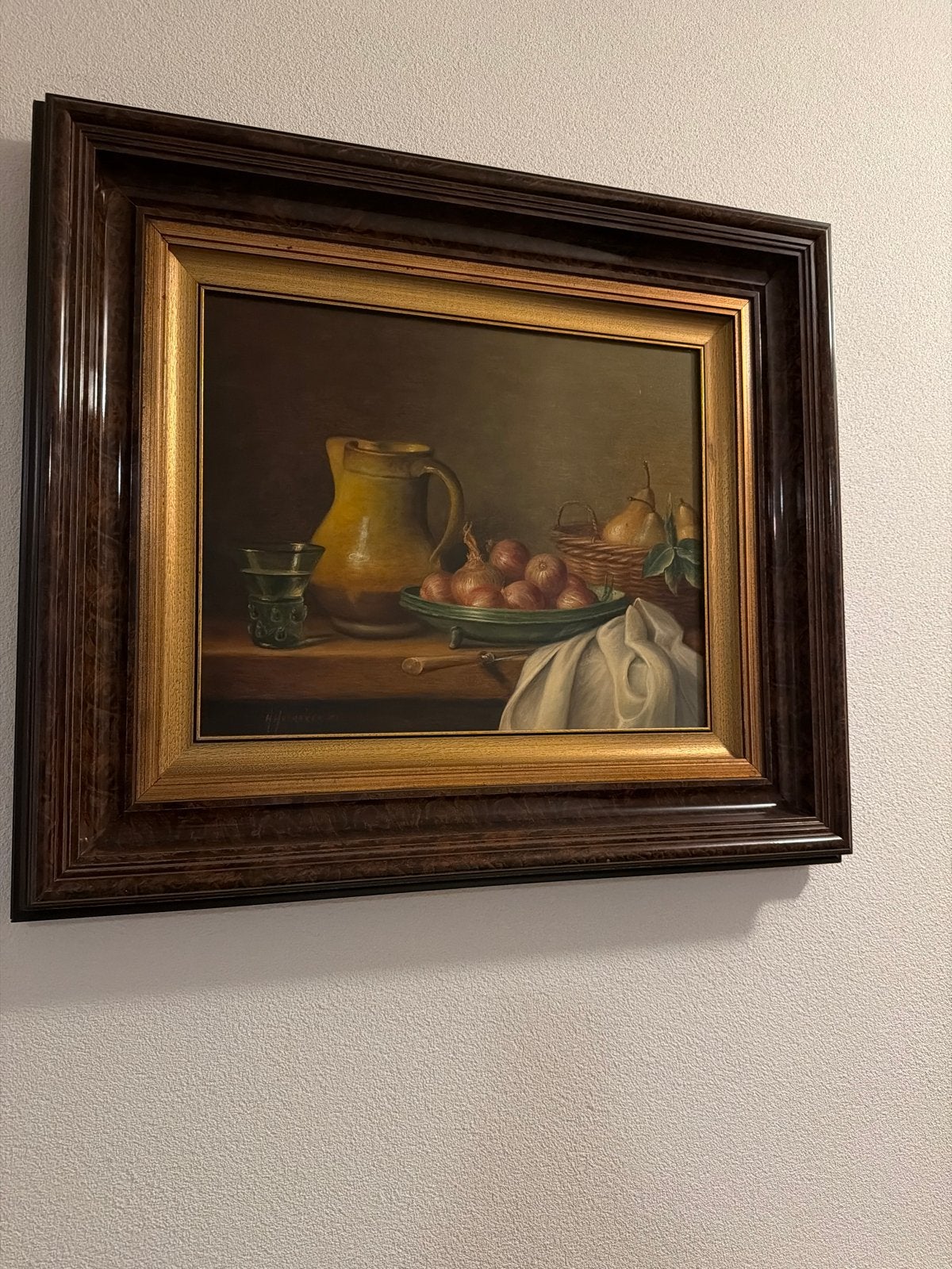 Klassiek stilleven met uien, kruik en fruit, Antiek en Kunst, Ophalen, Doek, Stilleven, Olieverf
