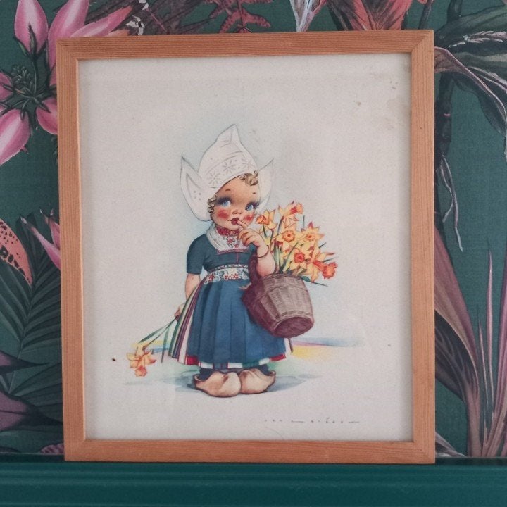 Jan Lavies prent- hollands meisje met bloemen., Hobby en Vrije tijd, Borduren en Borduurmachines, Ophalen of Verzenden