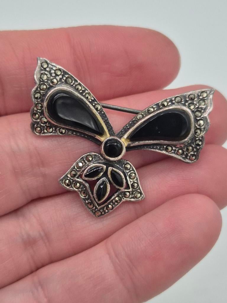 Vintage Zilveren Broche met Onyx en Markasiet 925, 4 tot 7 cm, Gebruikt, Verzenden, Met edelsteen