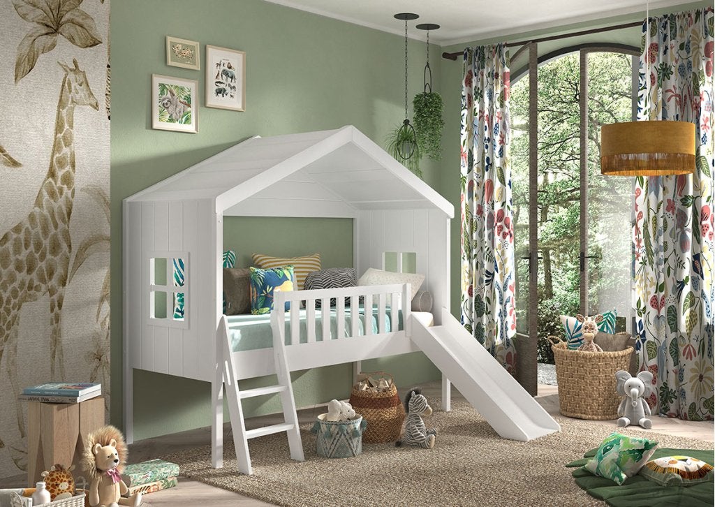 Huisbed met ladder en glijbaan - 90x200 - Wit, Niet ingevuld, Niet ingevuld, Niet ingevuld