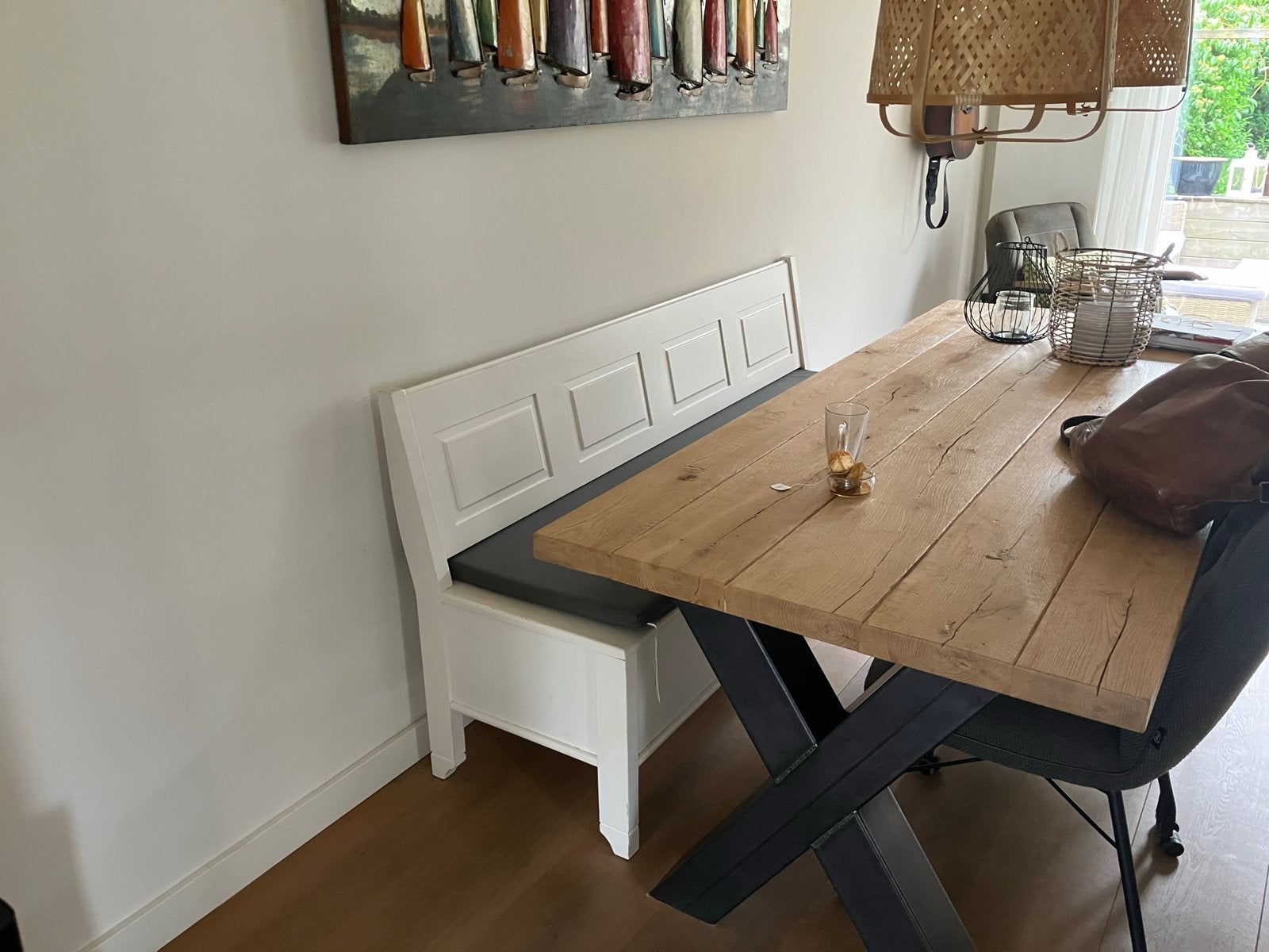 Witte (klep)bank met opbergruimte en kussen, Huis en Inrichting, Banken | Bankstellen, Ophalen, Gebruikt, 150 tot 200 cm, Driepersoons