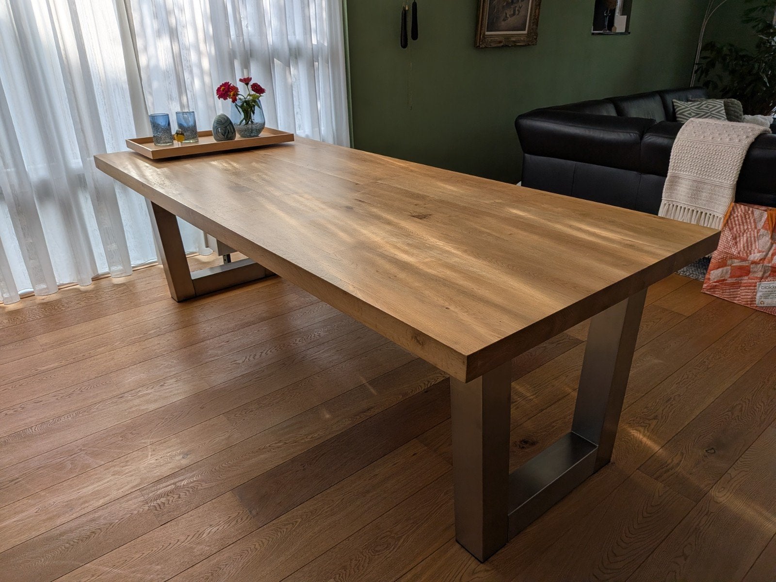 Eikenhouten eettafel met metalen onderstel, Ophalen, 100 tot 150 cm, Modern, Industrieel, Eikenhout