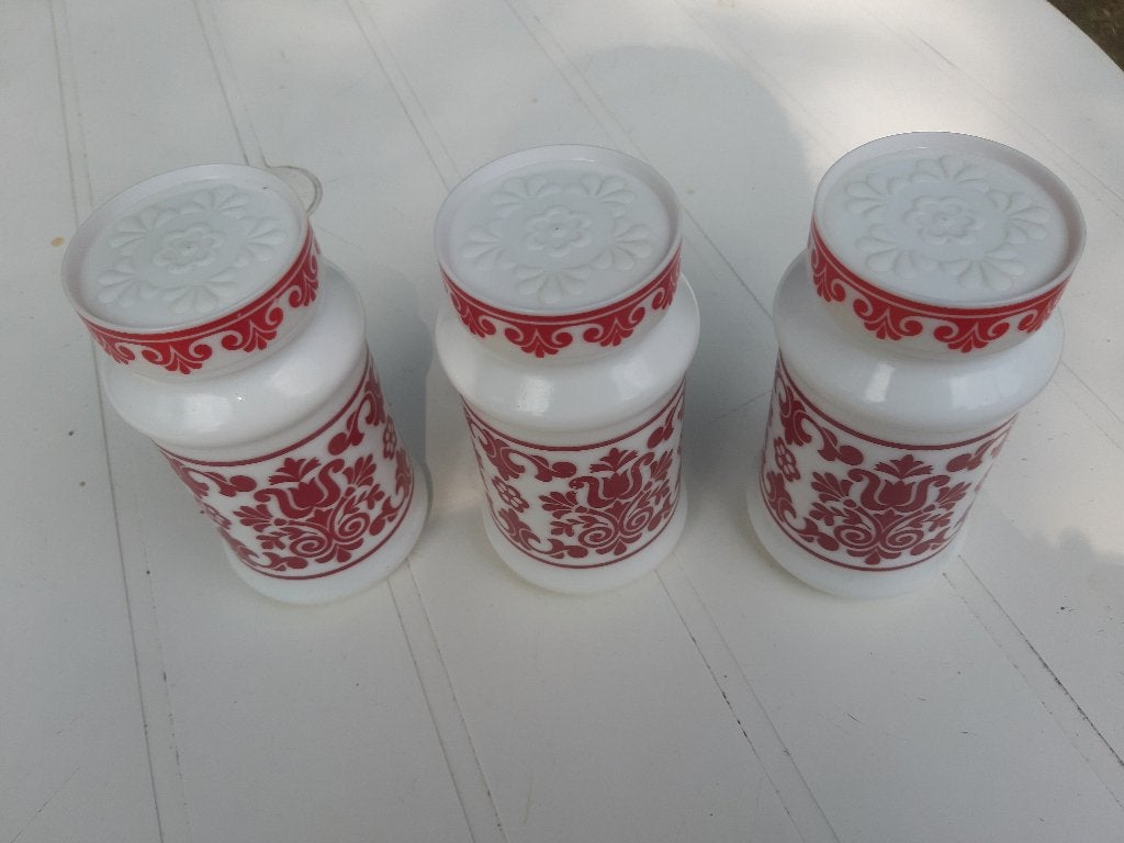 3 wit/rode sierpotten - voorraadpotten, Ophalen, Zo goed als nieuw