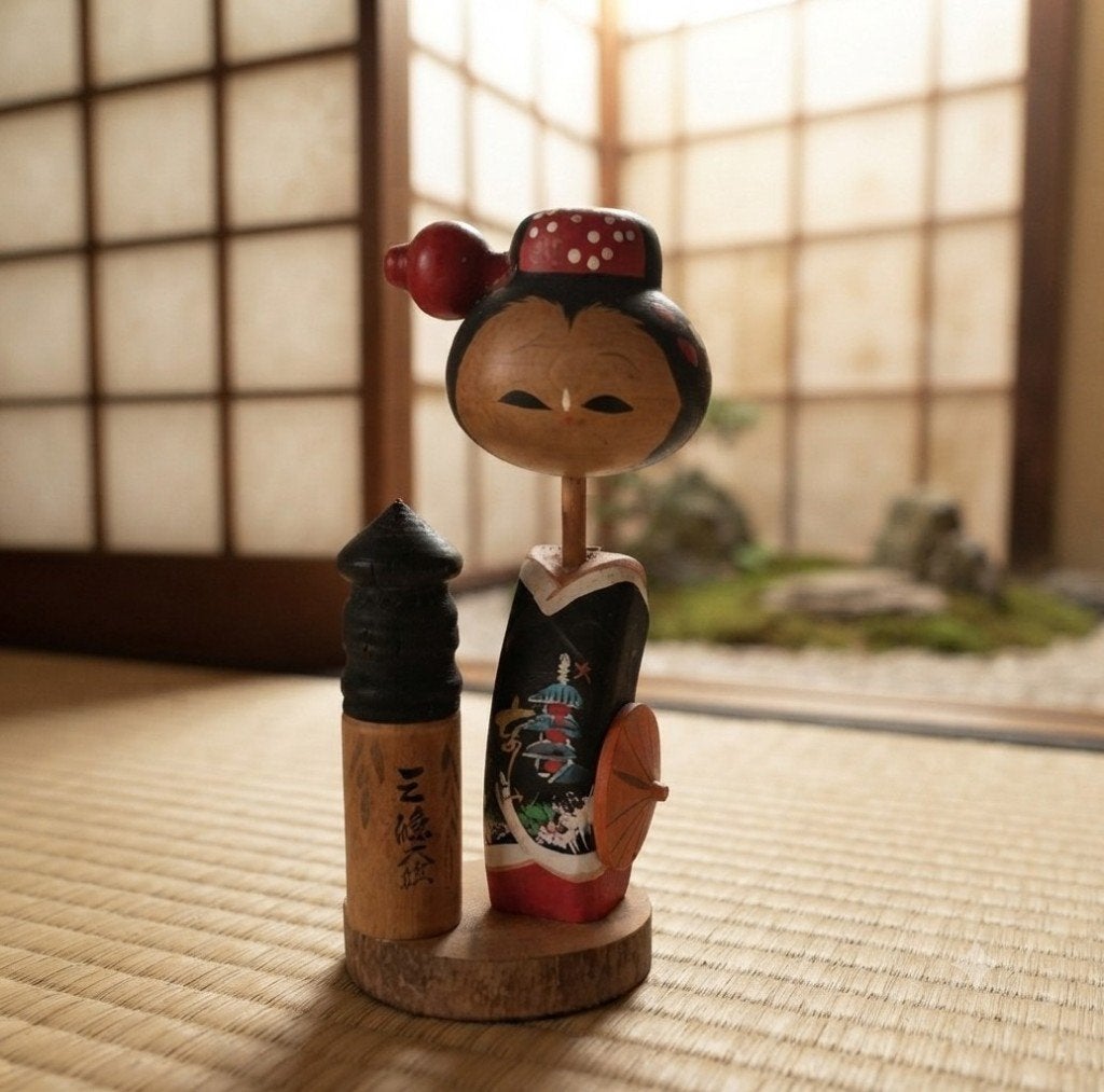 Vintage Sanjo Tsubaki Kokeshi, Hout, Verzenden, Geschilderd, 14 cm