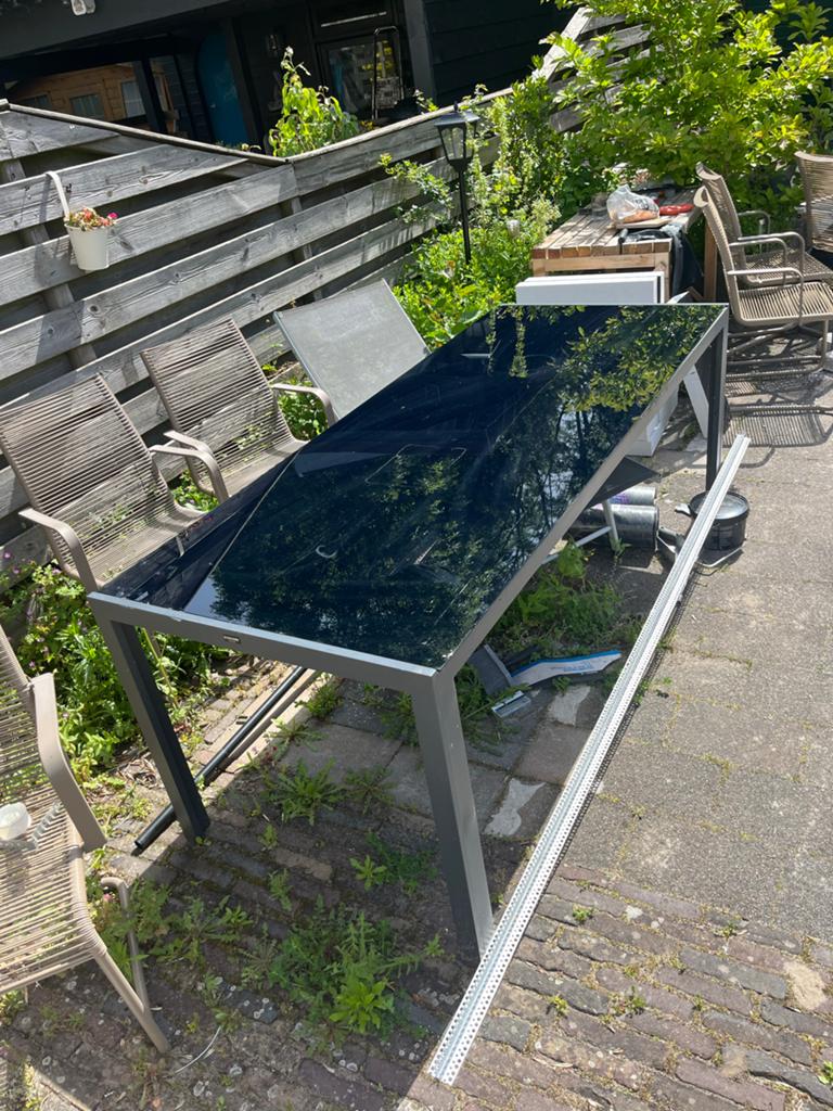 Glazen tuintafel 2,10m lang, Tuin en Terras, Tuintafels, Ophalen, Gebruikt, Rechthoekig, Overige materialen