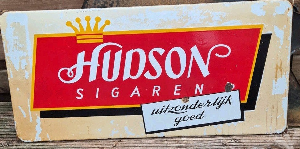 EMAILLE RECLAMEBORD  HUDSON SIGAREN, Ophalen of Verzenden, Gebruikt, Reclamebord