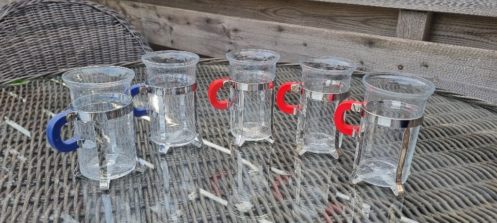 Bodum set van 5 vintage theeglazen met houder, Glas of Glazen, Nieuw, Ophalen of Verzenden, Glas