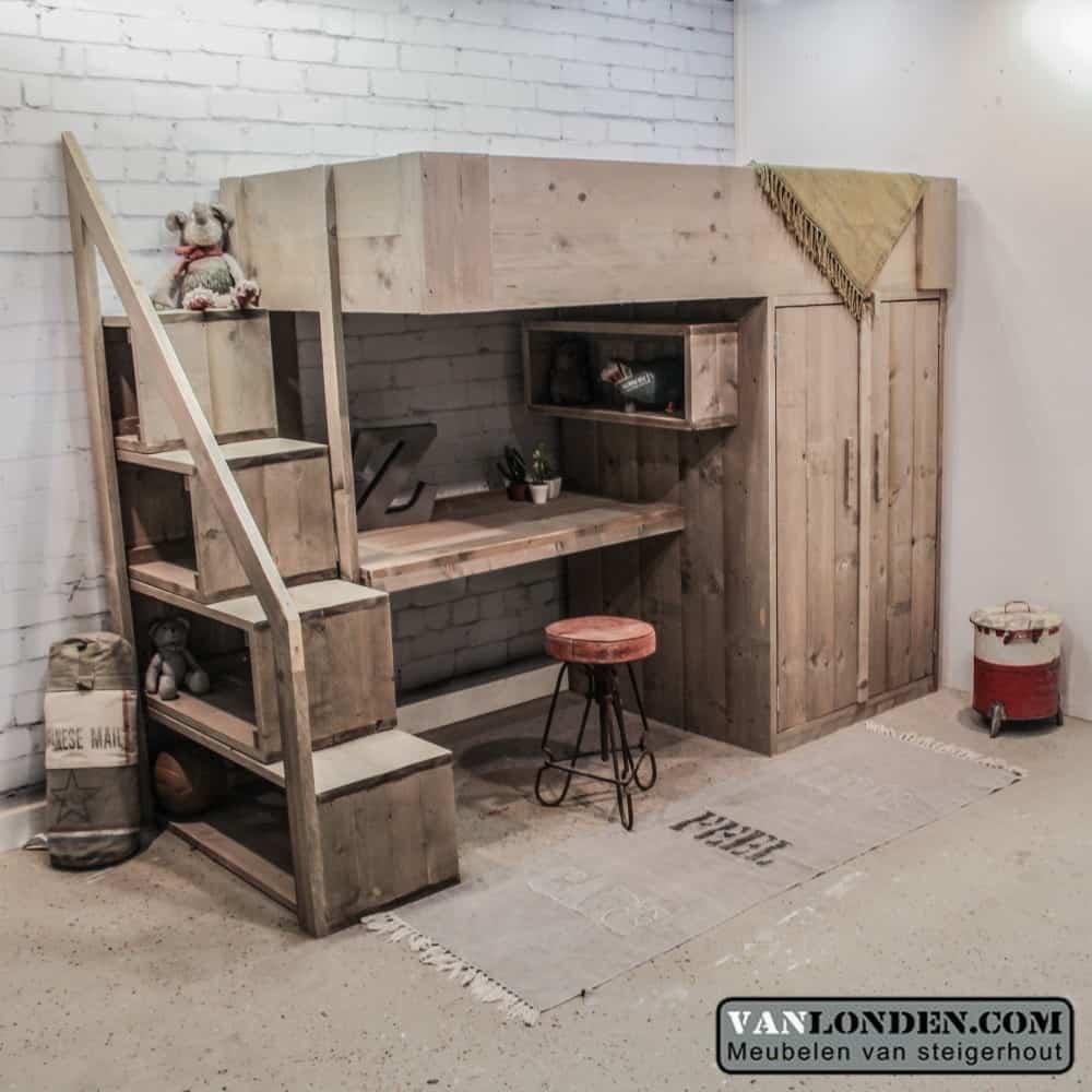 Kinderkamer Hoogslaper Steigerhout Kast Bureau Dressoir, Ophalen, Zo goed als nieuw, Hoogslaper