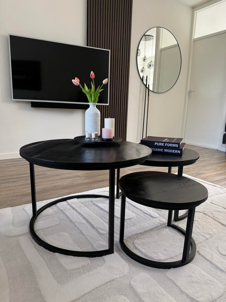 Set van 3 ronde salontafels - mango hout mat zwart, Huis en Inrichting, Tafels | Salontafels, Ophalen, Rond, 50 tot 100 cm, Zo goed als nieuw