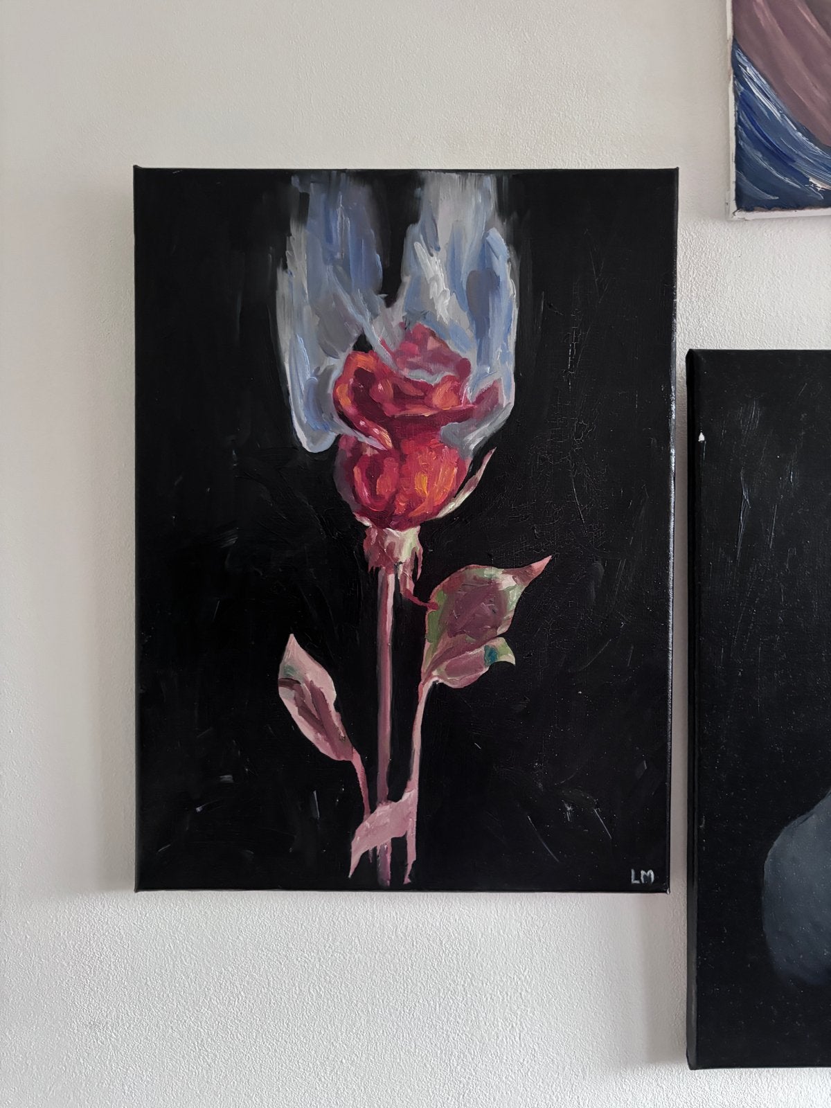 Brandende Roos Schilderij - Symbool van Nieuw Begin, Handgeschilderd, Ophalen of Verzenden, Olieverf, Bloemen