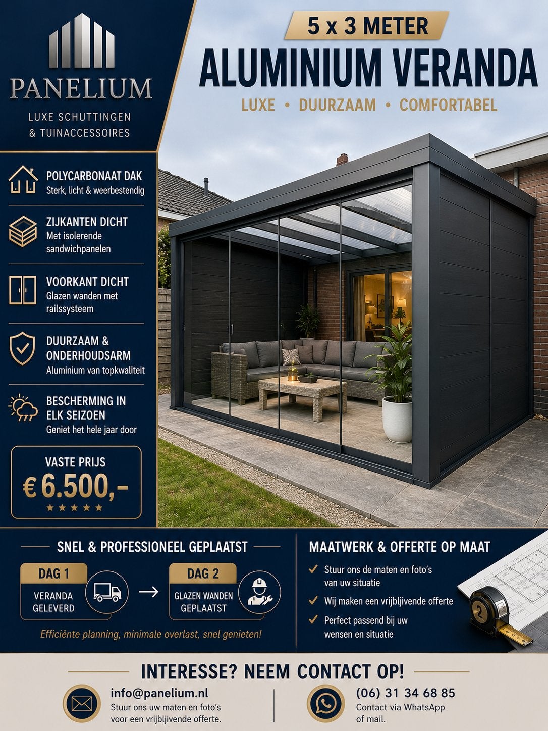Luxe Aluminium Veranda 5x3m - Duurzaam & Comfortabel, Tuin en Terras, Overkappingen, Ophalen, Nieuw, Veranda