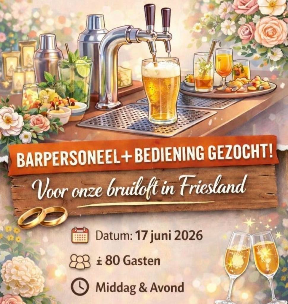 Barpersoneel gezocht - 17 juni 2026 - Bruiloft, Overige uren, Overige niveaus, Overige vormen