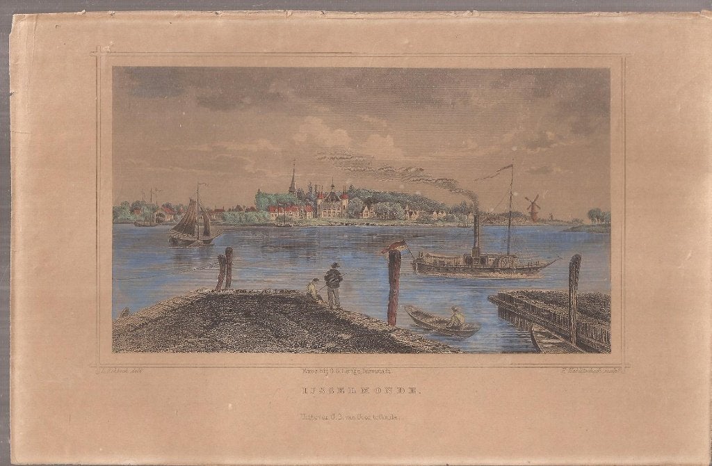 IJsselmonde 1858 ingekleurde staalgravure Terwen, Gesigneerd, 1800 - 1899, Stadsgezicht, Ophalen of Verzenden