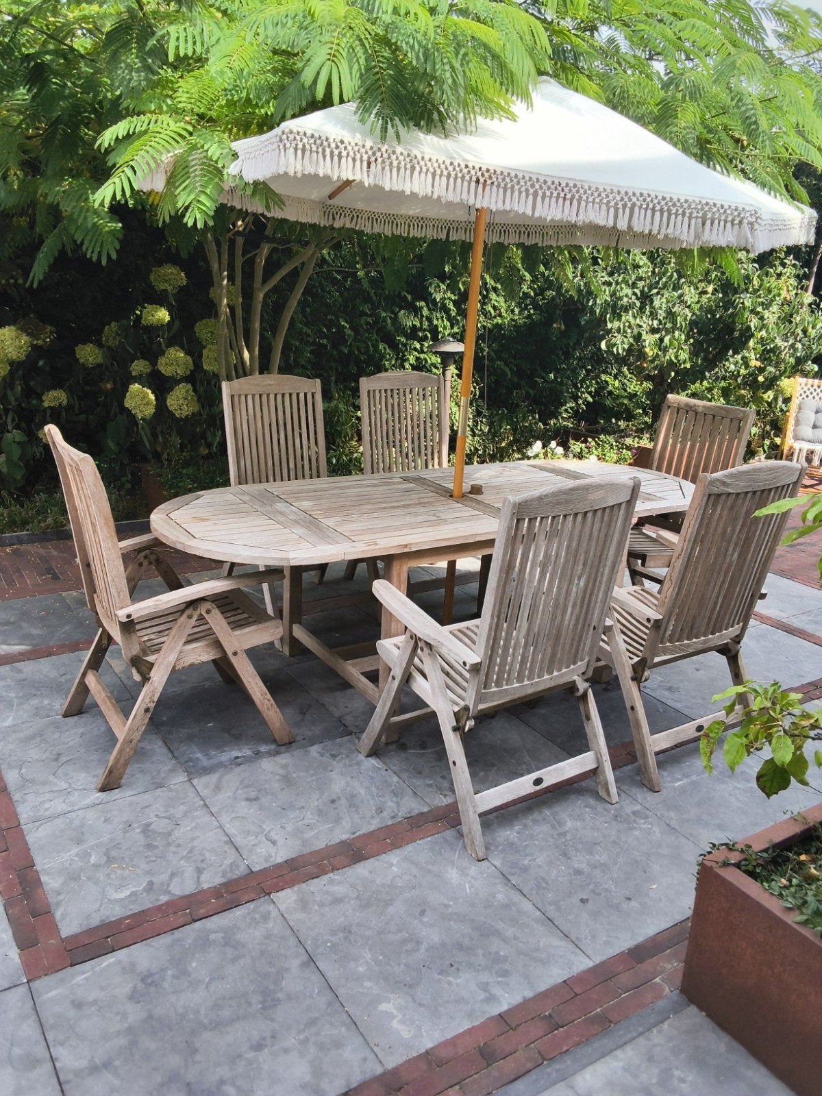 tuinset teakhout met 6 stoelen, tafel 240 of 150cm, Tuin en Terras, Ophalen, Gebruikt, Hardhout, 6 zitplaatsen