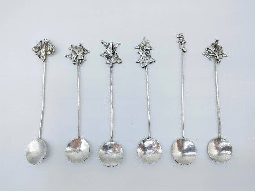 6 Zilveren design theelepels, H. van der Plaats, Joure, 1950, Antiek en Kunst, Verzenden