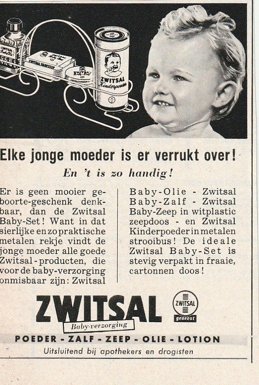 Retro reclame 1954 Zwitsal babysetje rekje poederbus, Verzenden, Overige typen
