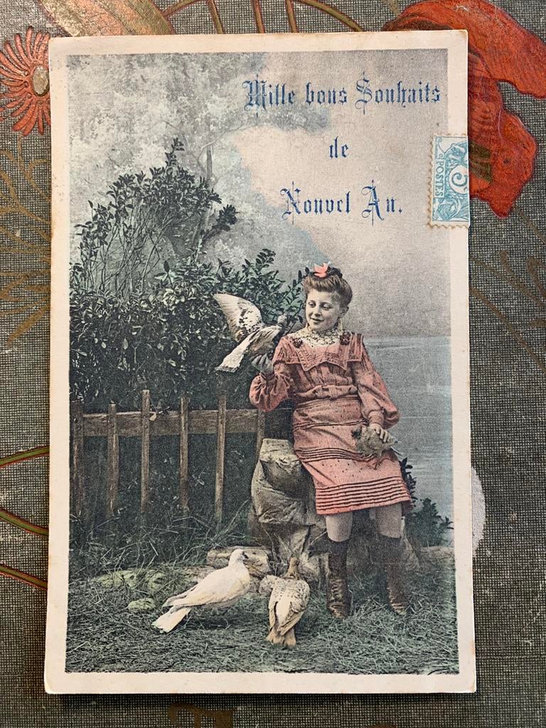 1905 Mille bons Souhaits de Nouvel An - meisje met duiven, Ophalen of Verzenden, Voor 1920, Gelopen, Feest(dag)