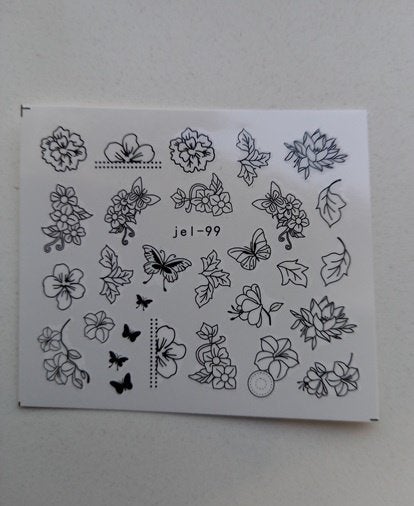 Velletje nagel water decals stickers jel-99 bloemen vlinders, Verzenden, Zwart, Nieuw, Handen en Nagels