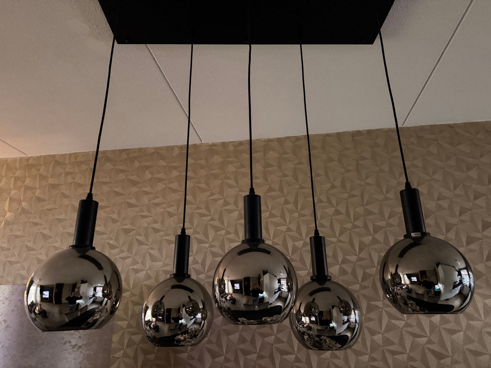Bollenhanglamo met 5 rookglazen bollen en bollen vloerlamp, Ophalen, Zo goed als nieuw, Glas, E27 (groot)