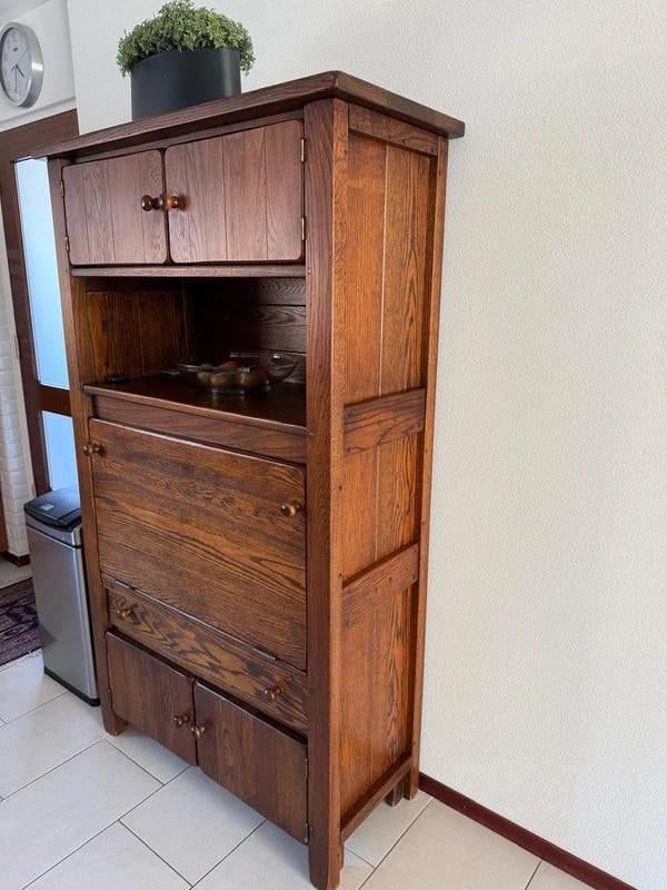 Massief Eiken Buffetkast Houten Opbergkast 180x100, Glas, 100 tot 150 cm, Ophalen of Verzenden, Zo goed als nieuw