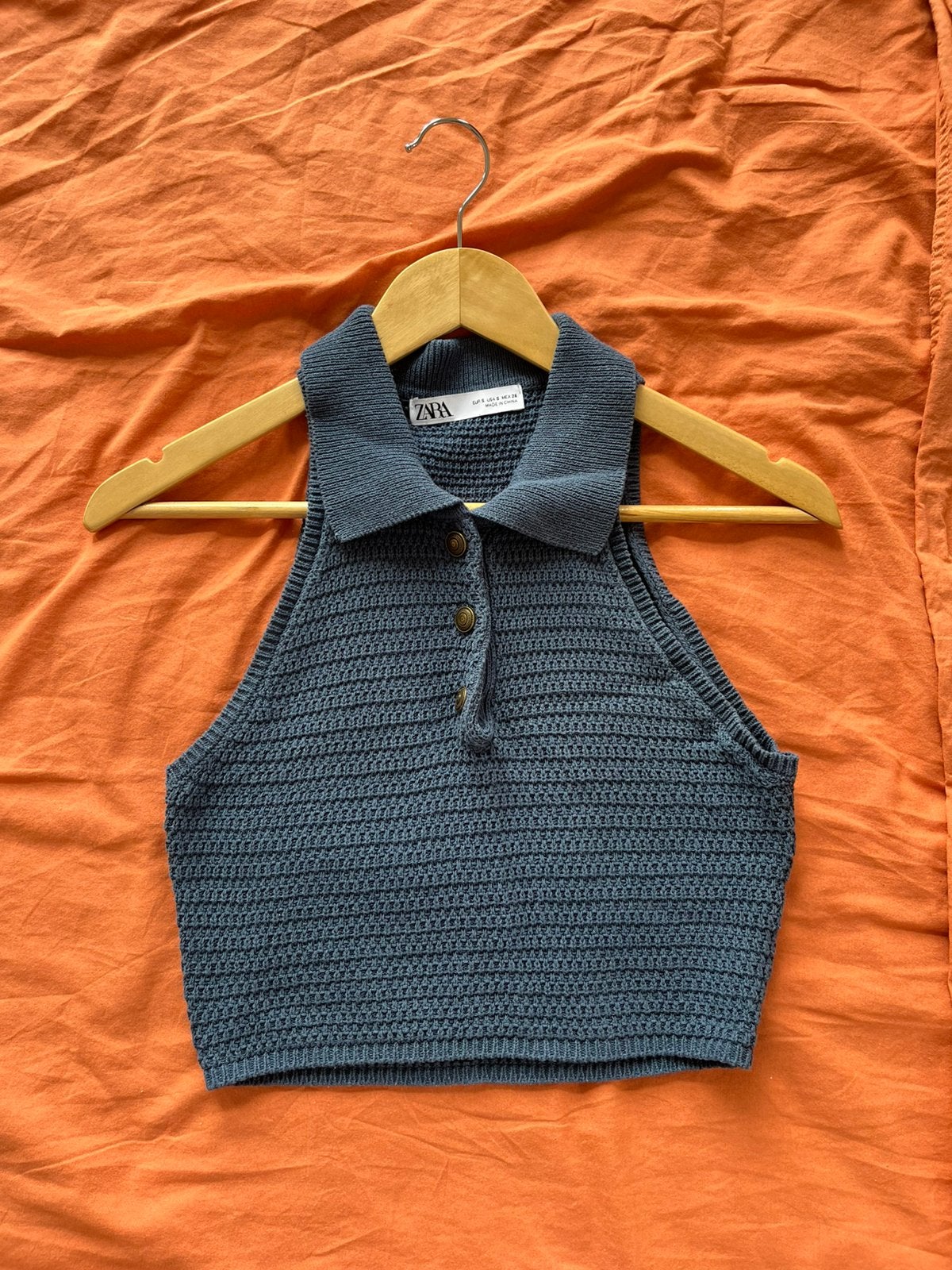 Zara gebreide crop top met kraag - Maat S, Blauw, Ophalen of Verzenden, Zo goed als nieuw, Maat 36 (S)