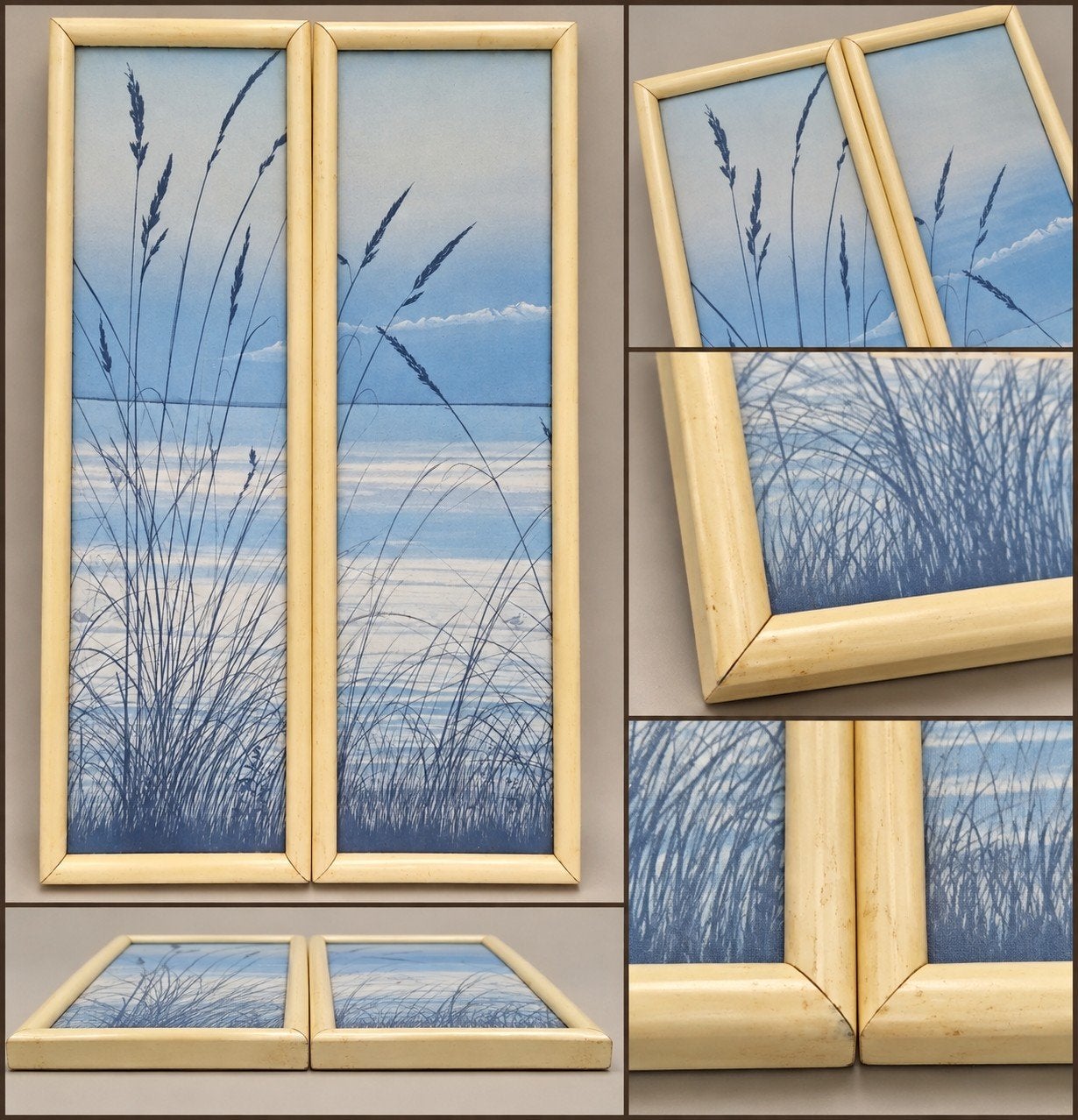 Vintage tweeluik strand duinen – 2 ingelijste wandpanelen, Ophalen of Verzenden