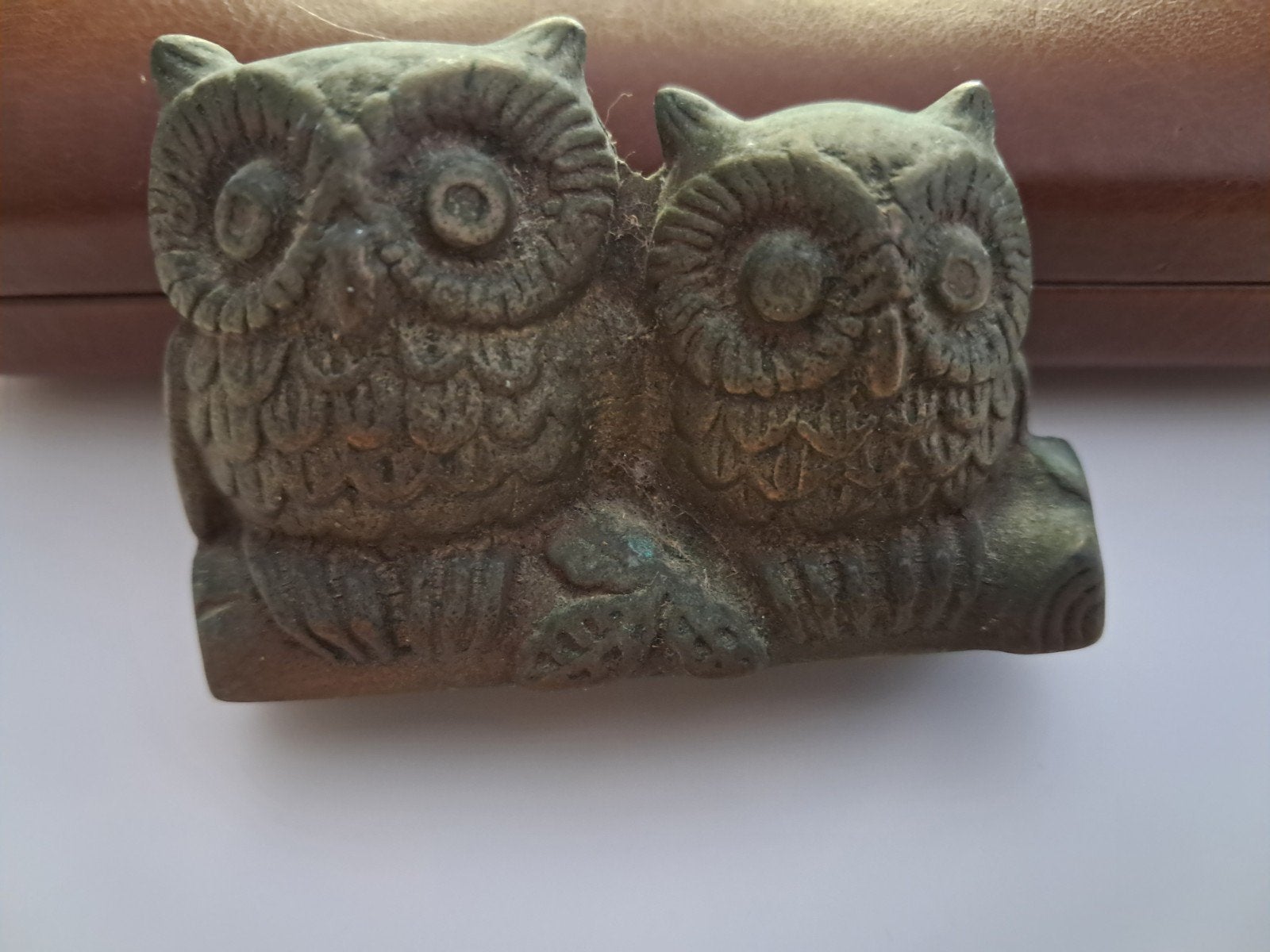Vintage Uilenbeeldje: Moeder en Jong op Tak, Brons/Tin, 1960, Antiek en Kunst, Ophalen of Verzenden