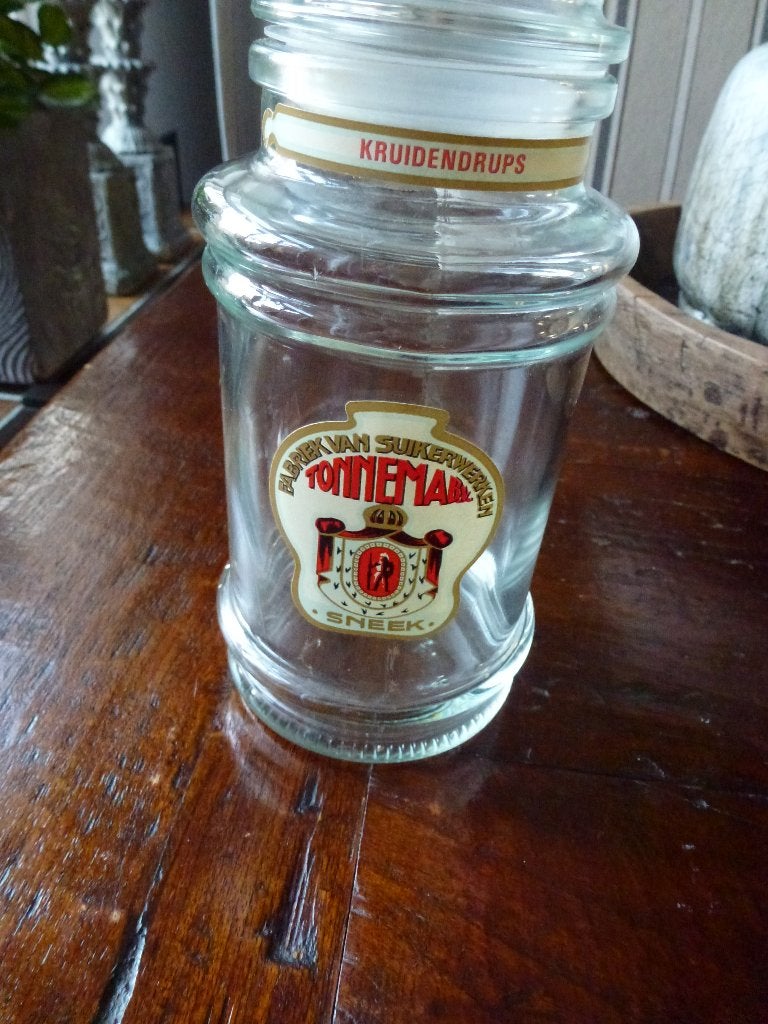 te koop Kleine oude Tonnema glazen snoep pot, Ophalen of Verzenden, Gebruikt, Gebruiksvoorwerp