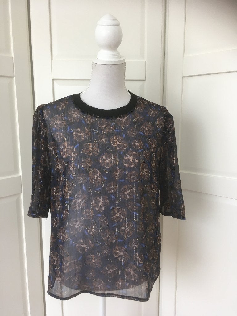 Costes blauwe chiffon floral top, maat L (valt als XL), Blauw, Maat 42/44 (L), Ophalen of Verzenden, Korte mouw