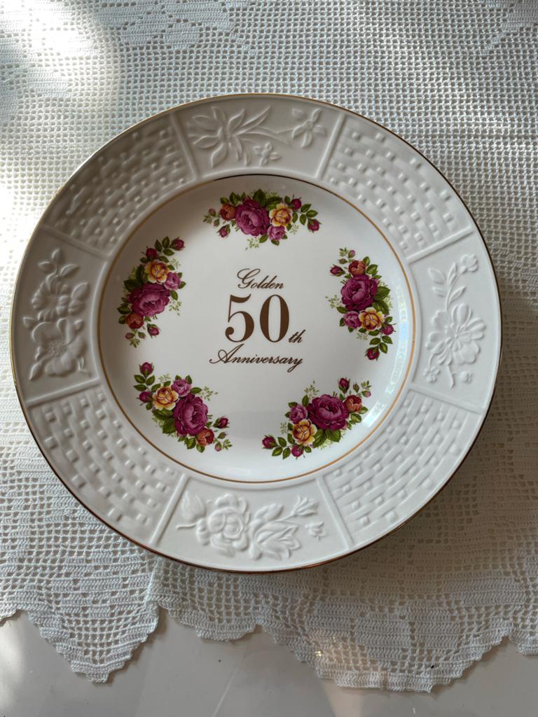Gouden 50-jarig jubileum sierbord met rozen, Antiek en Kunst, Ophalen