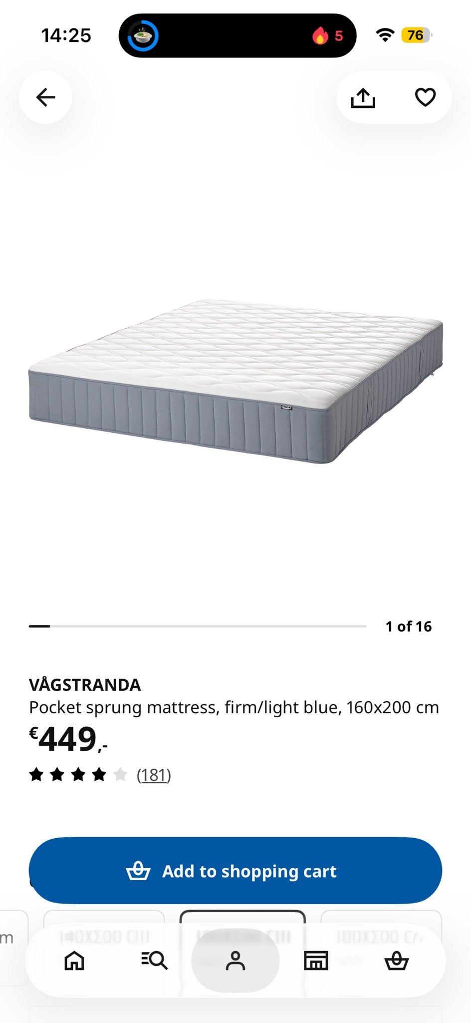 IKEA Matras VÅGSTRANDA 160x200, zo goed als nieuw, Tweepersoons, Ophalen of Verzenden, Zo goed als nieuw, Matras